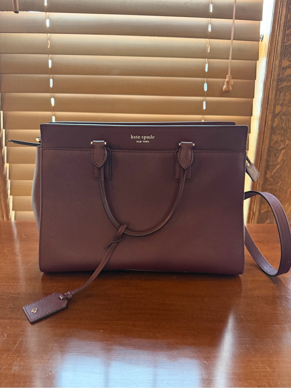 Kate Spade New York Burgundy Saffiano Leather Satchel Crossbody Tote Bag